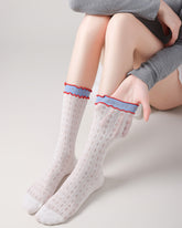 Women Crew Socks Hollow Knit Contrast Double Lettuce Edge Slouch Socks